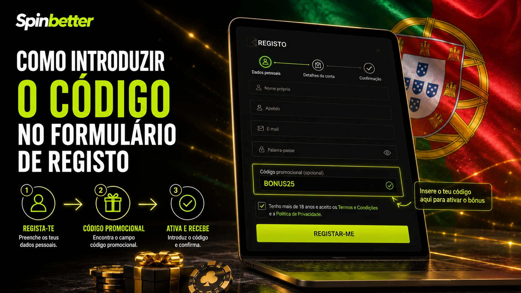 onde introduzir o SpinBetter promo code no formulário de registo